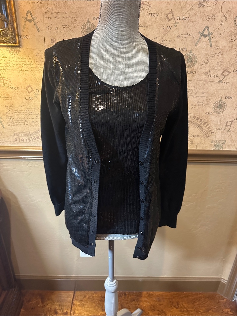 Black Sequin  3 piece set Knit Cardigan and 2 Shell Set - Women Sweaters